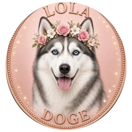 The Lola Doge coin: a smiling husky wearing a crown of pink roses, with the words Lola and Doge